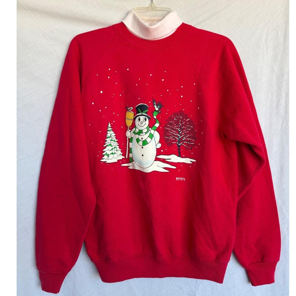 Vintage 90s Morning Sun Snowman Grandma Sweatshirt Red Holiday Winter Large